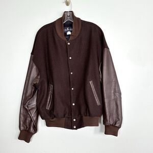 Luna Pier Leather Wool Bomber Jacket Mens Large Brown Snap Pockets Vintage